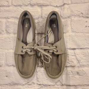 Greyish Tan Canvas Boat Shoes Crocs Size 9W